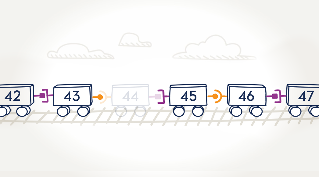 Graphic of train cars representing exons in the dystrophin gene with exon 44 missing