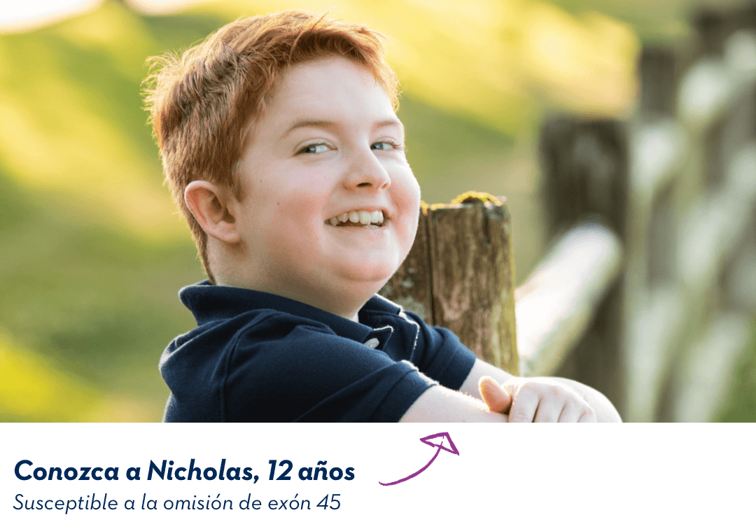 Conozca a Nicholas, 12 años. Susceptible a la omisión de exón 45.