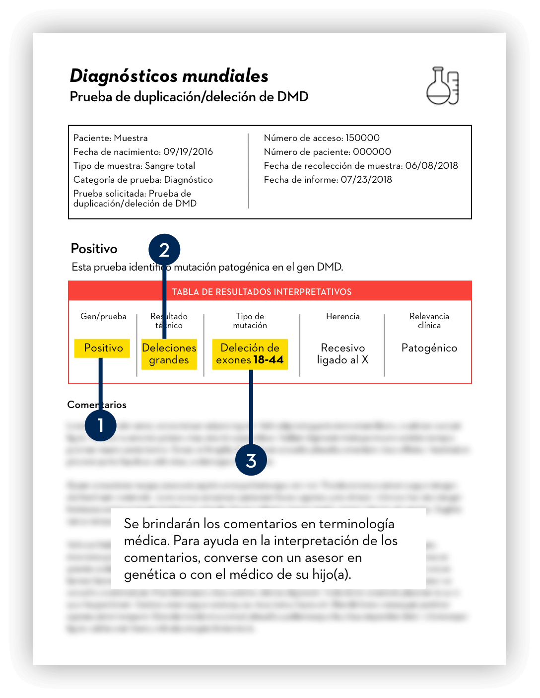 Informes de pruebas genéticas simuladas usados solo para fines ilustrativos