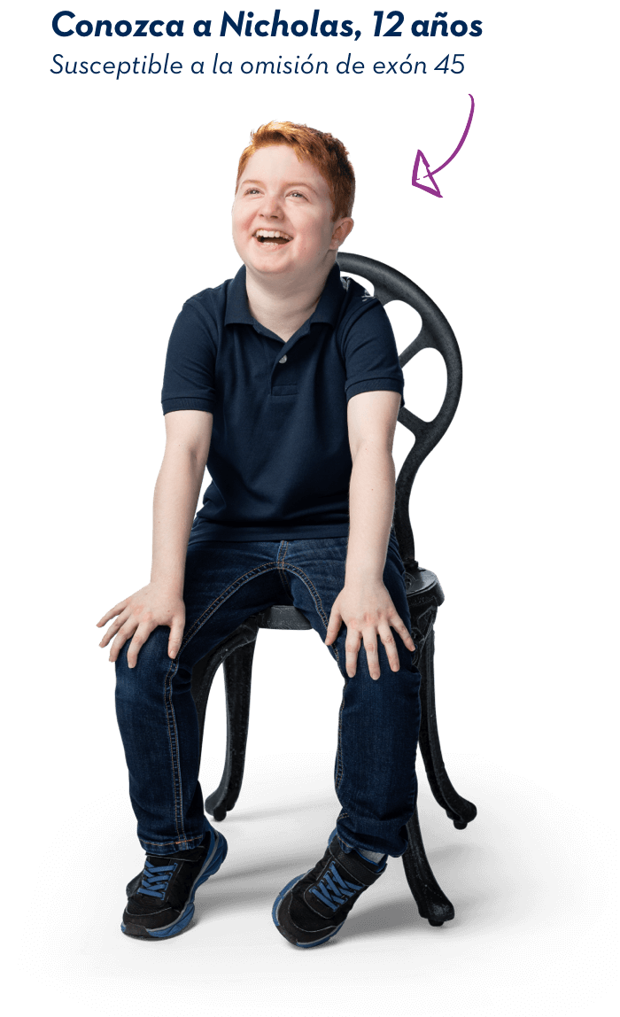 Conozca a Nicholas, 12 años. Susceptible a la omisión de exón 45.