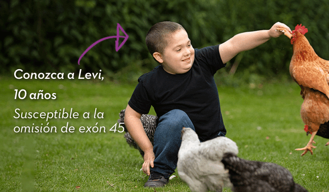 Conozca a Levi, 10 años. Susceptible a la omisión de exón 45.