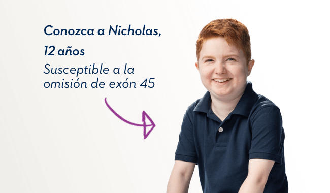 Conozca a Nicholas, 12 años. Susceptible a la omisión de exón 45.