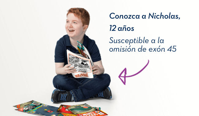 Conozca a Nicholas, 12 años. Susceptible a la omisión de exón 45.